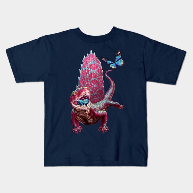 Dimetrodon with Butterfly Kids T-Shirt by AyotaIllustration